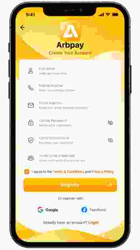 Arbpay registration screen preview